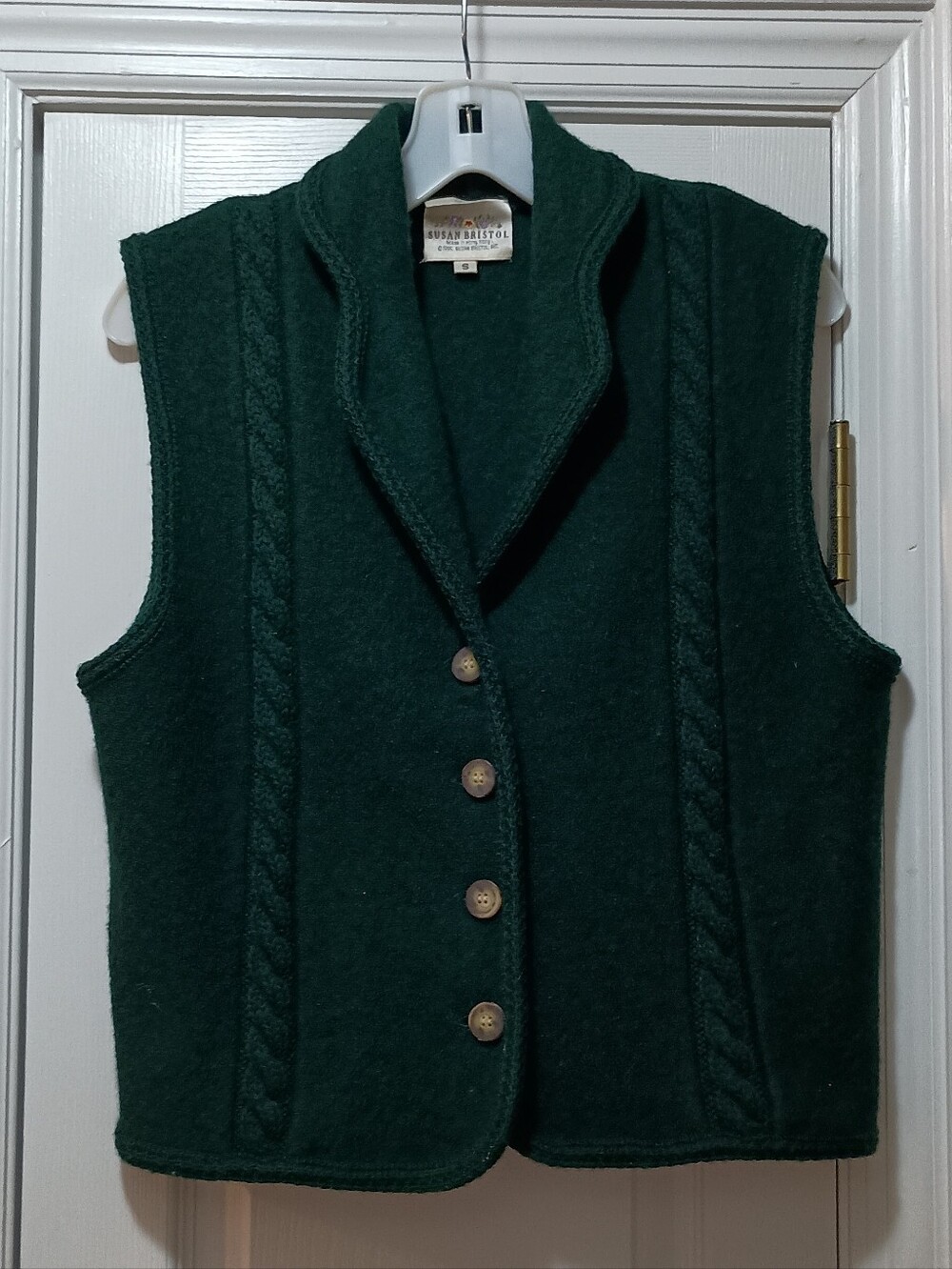 Vintage Susan Bristol Dark Green Cable-Trim Wool Vest Size Small